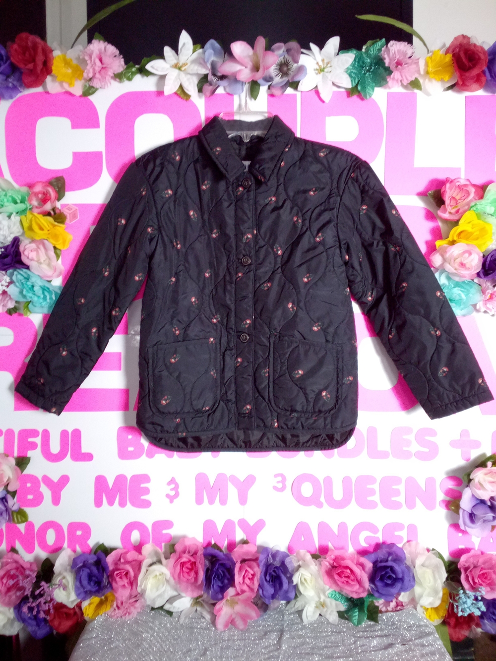 Girls' Black Quilted Jacket with Subtle Pink Floral Detail
